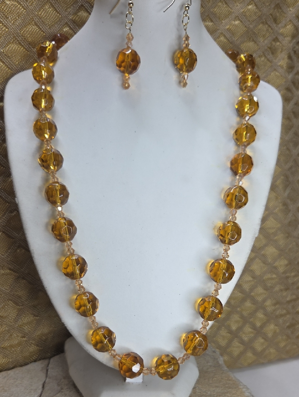 Amber Faceted Glass Bead Necklace and Earrings - Women Jewelry